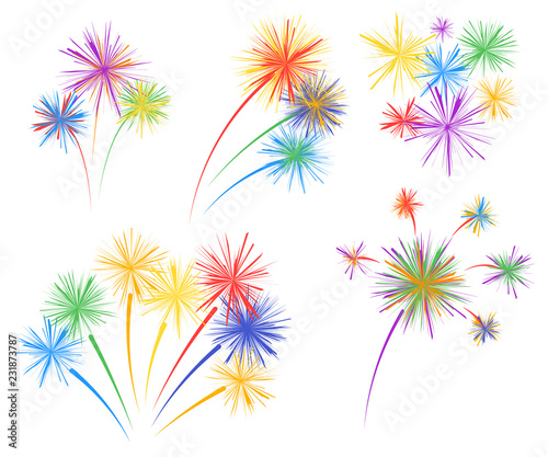 Set fireworks of different kinds. Vector design elements isolated on light background.