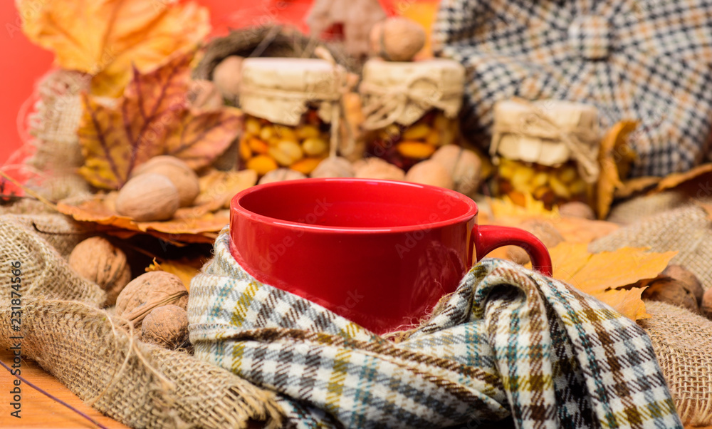 Mug of tea surrounded by scarf red background with fallen maple leaves and walnuts. Mug cozy aromatic tea beverage in scarf and treats. Cozy autumnal atmosphere. Warming beverage concept Mug of tea surrounded by scarf red background with fallen maple leaves and walnuts. Mug cozy aromatic tea beverage in scarf and treats. Cozy autumnal atmosphere. Warming beverage concept