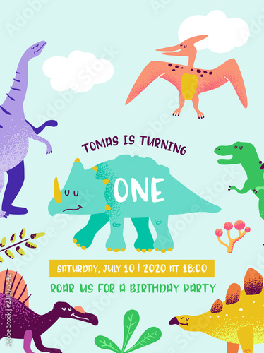 Happy Birthday card with fun dinosaur, Dino arrival announcement, greetings in Vector illustration