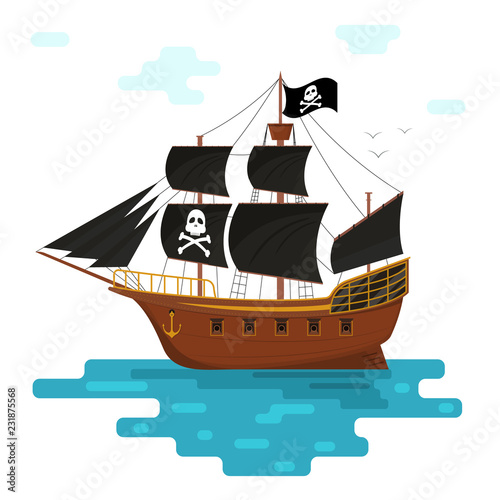 Cartoon Pirate Ship with Black Sails. Vector