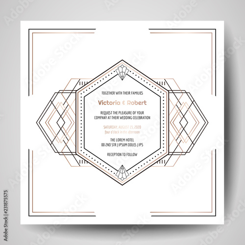 Art deco Wedding Invitation, Luxury Save the Date card with gold geometric frame. Vector trendy cover, graphic poster, gatsby 1920 brochure, design template