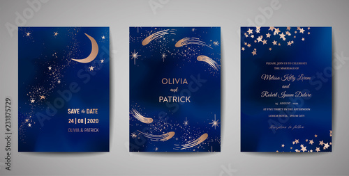 Magic night dark blue sky with sparkling stars vector wedding invitation. Set of Save the Date Cards with gold glitter powder splash background, hand drawn golden dust, midnight milky way, fairytale