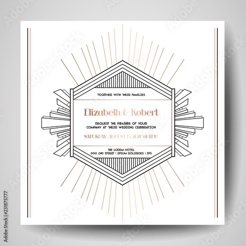 Art deco Wedding Invitation, Luxury Save the Date card with gold geometric frame. Vector trendy cover, graphic poster, gatsby 1920 brochure, design template