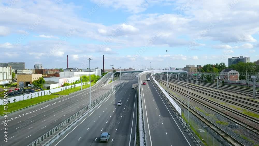 Highway with bridge near railway, aerial shot. Moscow, Russia Highway with bridge near railway, aerial shot. Moscow, Russia
