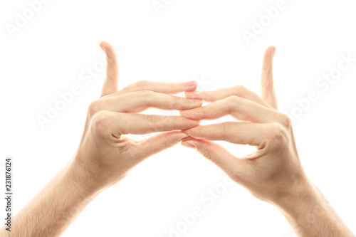 Sky Temple Ladder Mudra, yoga for fingers, ritual gesture in Buddhism. Isolated on white background