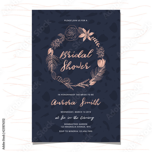 bridal shower invitation with rose gold hand drawn floral wreath