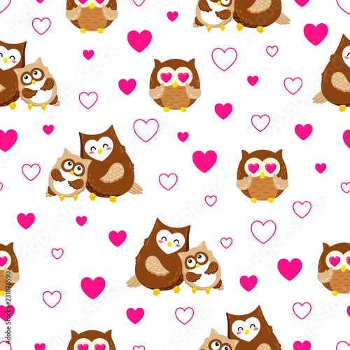 Vector seamless texture with cute cartoon owls. Doodle pattern. Template for print  textile  web design
