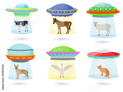 Ufo vector alien spaceship or spacecraft and spacy ship with animal character cat or pig illustration set of spaced sbeam of mystery transport in universe space isolated on white background