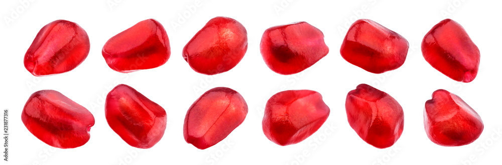 Fototapeta premium Pomegranate seeds isolated on white background, close-up