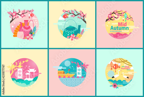 Happy mid autumn festival set, vector banner.