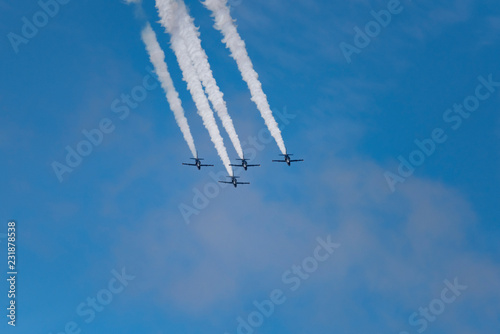 Aerobatic team Russ on aircraft L-39 Albatross performs the program at the air show