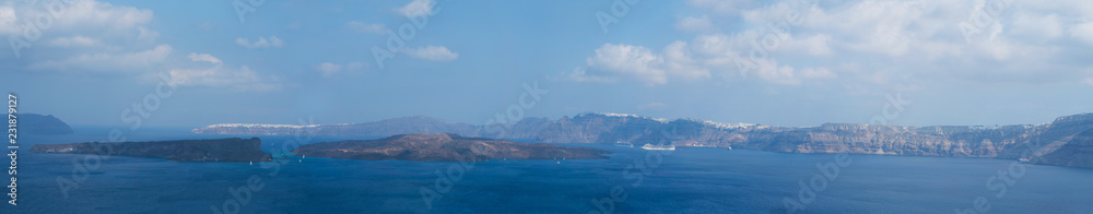 wide panorama of Santorini island with Nea Kameni island