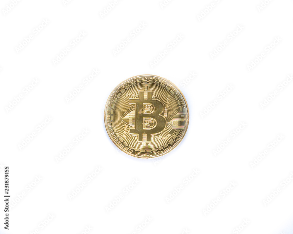 Golden bitcoin isolated on white background. Physical bit coin Golden bitcoin isolated on white background. Physical bit coin