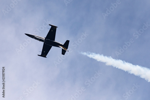 Aerobatic team Russ on aircraft L-39 Albatross performs the program at the air show photo