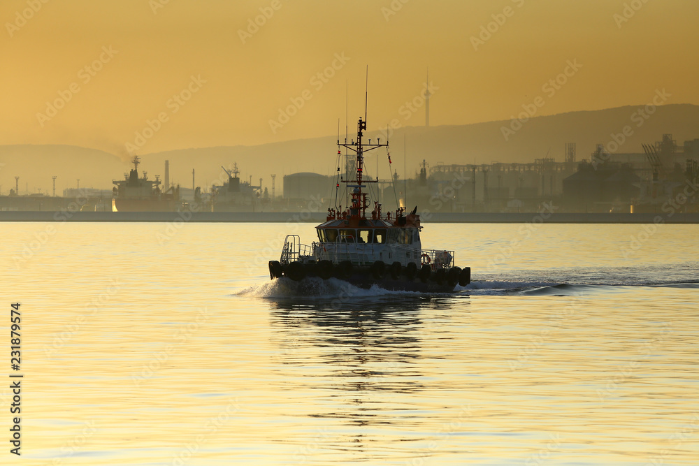 tug, sliding on the calm water of the Bay in the rays of the setting sun on the background of the port and mountains