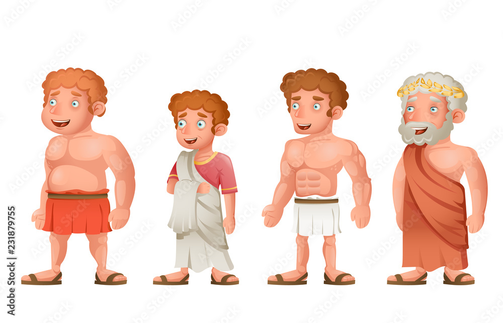 Roman greek old young strong fat toga loincloth characters set cartoon  design vector illustration Stock Vector | Adobe Stock