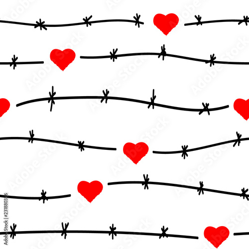 Seamless pattern. Barbed wire. The red heart is locked.