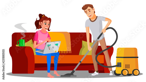 Woman Sitting On Sofa With Book, Man Vacuuming Floor Vector. Illustration