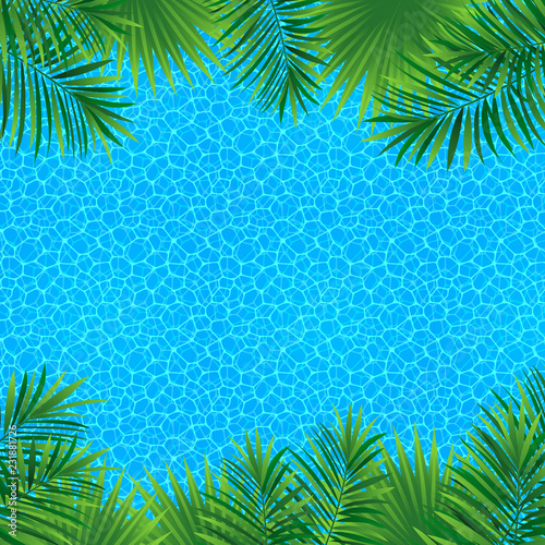 Seascape tropical design. Exotic plants, sea texture, place for the text. Square border frame. Vector illustration. beautiful tropic backdrop. trendy style. Summer design. Bright colors.
