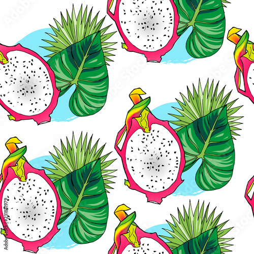 Vector hand drawn abstract tropical seamless pattern of half exotic fruit pitahaya with leaves. Dragon fruit illustration. Bright pitaya desert drawing. Tropical vegeterian food design element