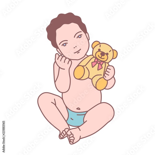 Cute newborn baby boy or funny small toddler sitting and holding teddy bear