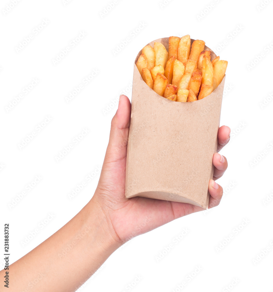 French fries in a brown paper bag isolated on a white background