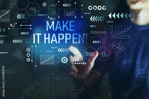 Φωτογραφία Make it happen with young man on a dark background