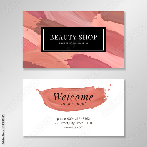 Beauty shop business card template with lipstick strokes in different colors. Vector illustration.