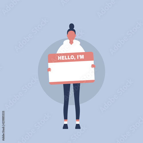 "Hello, I'm" badge. Young female character introducing herself/ Flat editable vector illustration, clip art