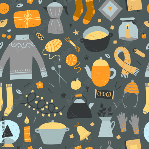 Hygge seamless vector pattern. Background with home objects and scandinavian doodles. Merry Christmass pattern with cute interior elements