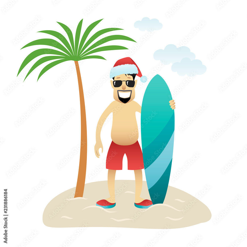 Festive Christmas banner man on beach stands under palm tree isolated.