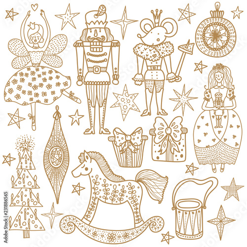  Nutcracker. Gold set. Magic vector illustration.