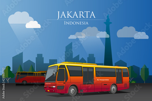 Vector illustrations, Transjakarta bus is one of the mass transportation in Jakarta city, with the background of buildings and national monuments.
