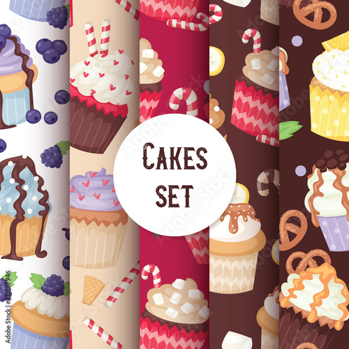Cupcake seamless pattern cute cake food background candy packaging fancy cake wrapping paper, fruit muffin textile vector illustration