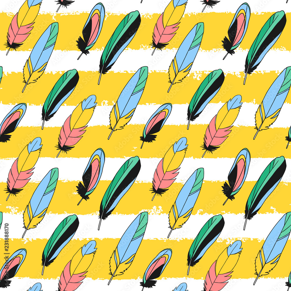Vector bird feathers background. Summer exotic quill feather cute seamless pattern, illustration, wrap, textile Vector bird feathers background. Summer exotic quill feather cute seamless pattern, illustration, wrap, textile