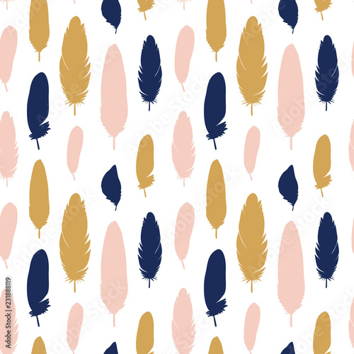 Vector bird feathers background. Summer exotic quill feather cute seamless pattern, illustration, wrap, textile © natakukushkina