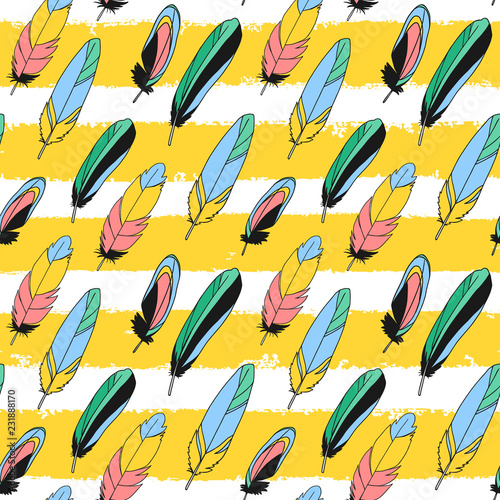 Vector bird feathers background. Summer exotic quill feather cute seamless pattern, illustration, wrap, textile