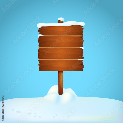 Large wooden signpost on the snowy ground with blue background.