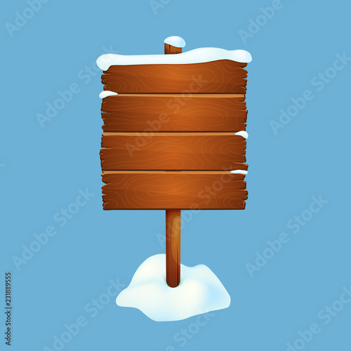 Large snow covered wooden sign with snow isolated on a blue background.