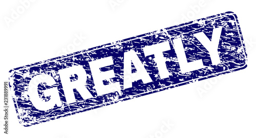 GREATLY stamp seal print with grunge texture. Seal shape is a rounded rectangle with frame. Blue vector rubber print of GREATLY tag with unclean texture.