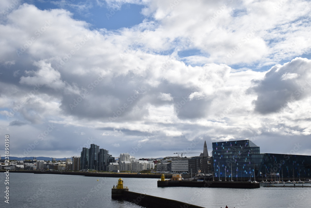 Reykjavik harbour and Harpa Concert hall building panoramic views in summer. Reykjavik, Iceland