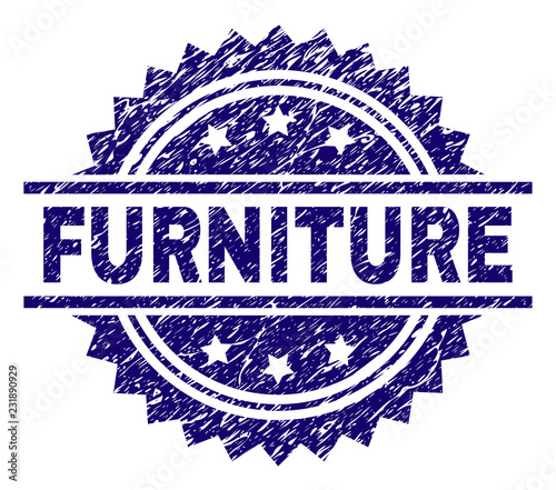 FURNITURE stamp seal watermark with distress style. Blue vector rubber print of FURNITURE title with unclean texture.