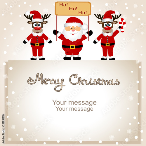 Christmas card. Funny postcard with Christmas reindeers and Sant