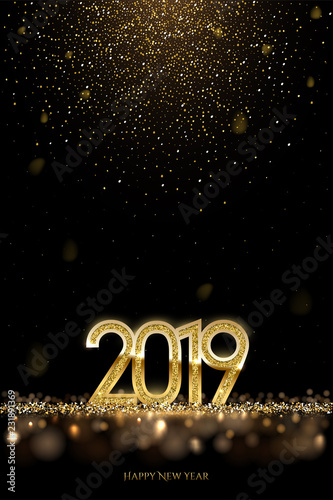 2019 New Year luxury design concept. Vector golden 2019 New Year vertical template with falling golden snow.