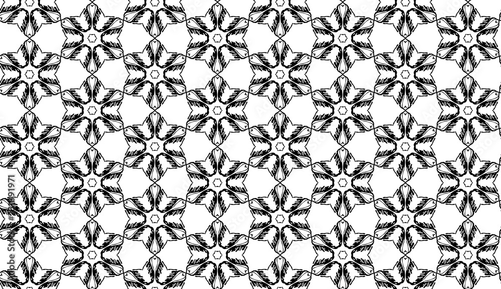 Black and white geometric abstract star flowers vector pattern