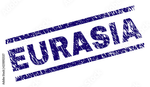 EURASIA seal print with distress style. Blue vector rubber print of EURASIA text with grunge texture. Text title is placed between parallel lines.