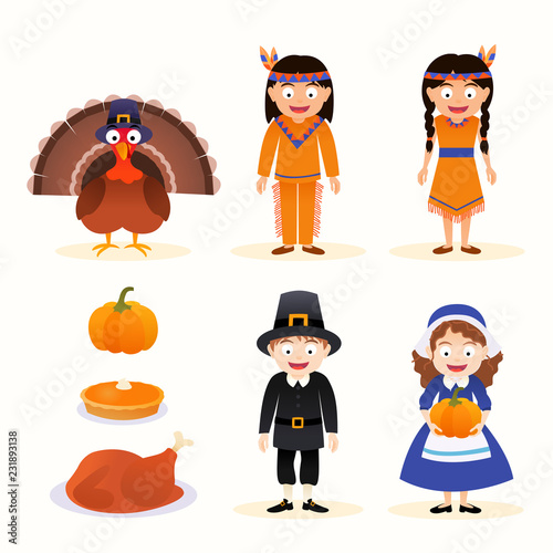 Vector set of thanksgiving icons, characters isolated on white background