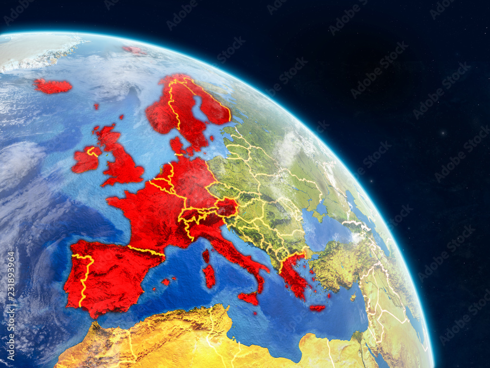 Western Europe from space on realistic model of planet Earth with country borders and detailed planet surface and clouds.