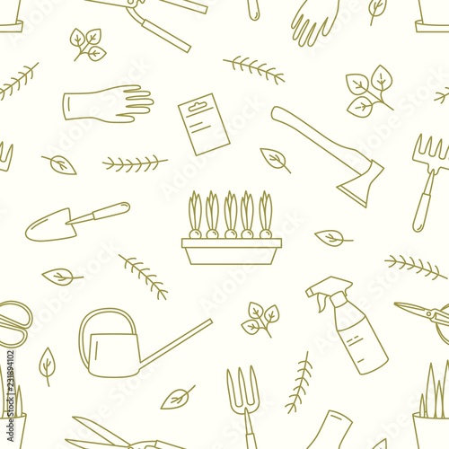 Monochrome seamless pattern with gardening tools, equipment for plants cultivation drawn with contour lines on white background. Decorative backdrop. Modern vector illustration in linear style.