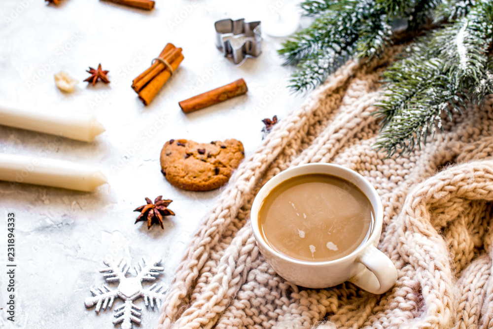 Christmas evening with cup of cocoa white background top view Christmas evening with cup of cocoa white background top view
